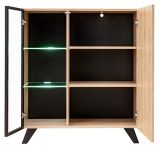 Vitrinenschrank Lines in Hickory Eiche und schwarz Glasvitrine mit LED und Push-to-Open, 90 x 192 cm