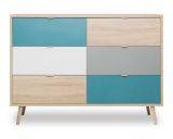 Schubladenkommode Colory in Sonoma Eiche hell mit Petrol, Wei� und Grau skandinavische Kommode Tricolor 120 x 87 cm