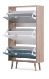 Schuhschrank Colory in Sonoma Eiche hell mit Petrol, Wei� und Grau skandinavischer Schuhkipper Tricolor 70 x 125 cm