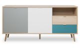 Sideboard Colory in Sonoma Eiche hell mit Petrol, Wei� und Grau skandinavische Kommode Tricolor 150 x 71 cm