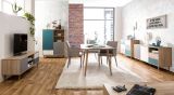 Sideboard Colory in Sonoma Eiche hell mit Petrol, Wei� und Grau skandinavische Kommode Tricolor 150 x 71 cm
