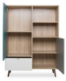 Highboard Colory in Sonoma Eiche hell mit Petrol, Wei� und Grau skandinavische Kommode Tricolor 103 x 139 cm Anrichte