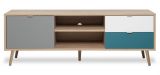 TV-Lowboard Colory in Sonoma Eiche hell mit Petrol, Wei� und Grau skandinavischer Fernsehtisch Tricolor 150 x 52 cm