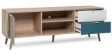 TV-Lowboard Colory in Sonoma Eiche hell mit Petrol, Wei� und Grau skandinavischer Fernsehtisch Tricolor 150 x 52 cm