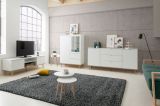 Highboard Lundby in matt wei� mit Sonoma Eiche massiv Vitrine skandinavisch 100 x 140 cm