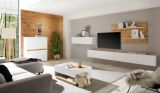 Wohnkombination Center in wei� und Wotan Eiche Wohnwand 4-teilig 400 x 180 cm mit XXL-Board und Wandpaneel