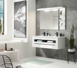 Badezimmer Spiegel Design-D in wei� Hochglanz und schwarz Badspiegel mit Ablage und LED Beleuchtung 120 x 85 cm