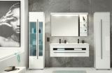 Badezimmer Spiegel Design-D in wei� Hochglanz und schwarz Badspiegel mit Ablage und LED Beleuchtung 120 x 85 cm