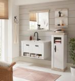 Badkombination Rovola in Pinie wei� / Oslo Pinie Landhaus Badm�bel Set 5-tlg. h�ngend MIT Waschbecken 143 x 200 cm