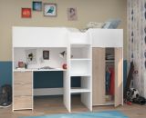 Parisot Hochbett Tom in wei� und Jackson Eiche Jugendzimmer Bett mit Schreibtisch und Kleiderschrank