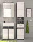 Badezimmer Hochschrank Bailey in wei� Hochglanz und Rauchsilber grau Badschrank 35 x 191 cm
