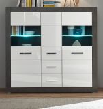 Highboard Briard in wei� Hochglanz und grau Stone Wohn- und Esszimmer Vitrine 149 x 142 cm