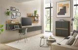 Wohnwand mit Sekret�r Center in grau matt und Wotan Eiche Wohnkombination 5-teilig 470 x 180 cm