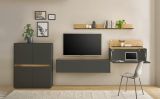 Wohnwand mit Sekret�r Center in grau matt und Wotan Eiche Wohnkombination 4-teilig 370 cm