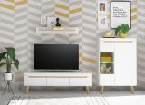 Highboard Isgard in wei� matt und Scandi Eiche Vitrine skandinavisch 90 x 134 cm