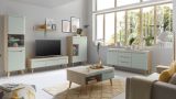 Couchtisch Isgard in Pistazie matt und Scandi Eiche Beistelltisch skandinavisch 107 x 67 cm