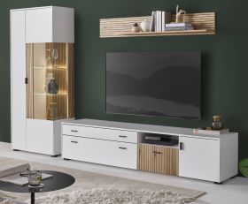 Wohnwand Merced in wei� matt und Evoke Eiche Wohnkombination 3-teilig 285 x 180 cm
