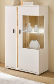 Vitrine Bellport in wei� matt und Wotan Eiche Highboard inklusive Frontbeleuchtung 80 x 125 cm