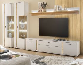 Wohnwand Bellport in wei� matt und Wotan Eiche Wohnkombination inklusive Frontbeleuchtung 330 x 200