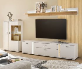 Wohnwand Bellport in wei� matt und Wotan Eiche Wohnkombination inklusive Frontbeleuchtung 290 cm