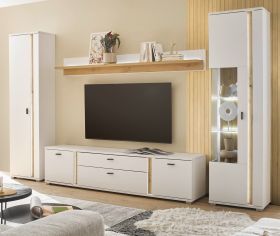 Wohnwand Bellport in wei� matt und Wotan Eiche Wohnkombination inklusive Frontbeleuchtung 330 x 200