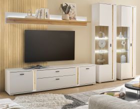 Wohnwand Bellport in wei� matt und Wotan Eiche Wohnkombination inklusive Frontbeleuchtung 330 x 200