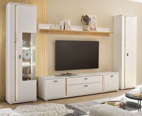 Wohnwand Bellport in wei� matt und Wotan Eiche Wohnkombination inklusive Frontbeleuchtung 330 x 200