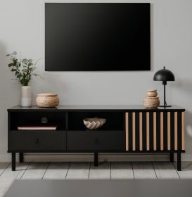TV-Lowboard Biella in schwarz mit Lamellen in Artisan Eiche Dekor 138 cm, Anti Fingerprint beschichtet