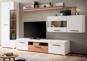 Wohnwand Lavell in wei� matt und Evoke Eiche Wohnkombination 4-teilig, Soft-Close-Funktion