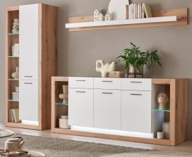 Wohnwand Rivian in wei� matt und Evoke Eiche Wohnkombination Set 3-teilig 298 cm