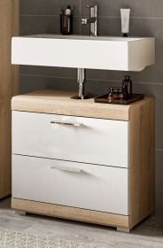 Badezimmer Waschbeckenunterschrank Mambo in wei� Hochglanz und Sonoma Eiche Badschrank 60 cm