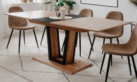 Esstisch Borja in Artisan Eiche und schwarz S�ulentisch mit Liftauszug 160 / 200 x 90 cm