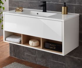 Waschbeckenunterschrank MIT Waschbecken Glide in wei� Hochglanz und Eiche 100 cm