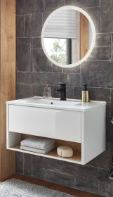 Badm�bel Set Glide in wei� Hochglanz und Eiche mit Waschbecken und LED Beleuchtung 80 x 190 cm