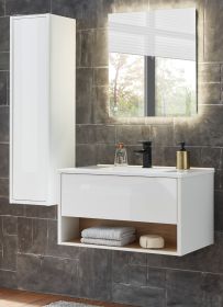 Badm�bel Set Glide in wei� Hochglanz und Eiche mit Waschbecken und LED Beleuchtung 120 x 190 cm