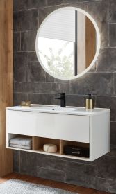 Badm�bel Set Glide in wei� Hochglanz und Eiche mit Waschbecken und LED Beleuchtung 100 x 190 cm
