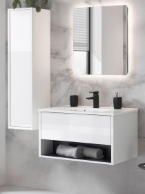 Badm�bel Set Glide in wei� Hochglanz und grau mit Waschbecken und LED Beleuchtung 120 x 190 cm