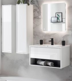 Badm�bel Set Glide in wei� Hochglanz und grau mit Waschbecken und LED Beleuchtung 160 x 190 cm