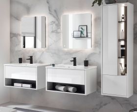 Badm�bel Set Glide in wei� Hochglanz und grau mit Waschbecken und LED Beleuchtung 225 x 190 cm