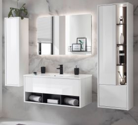 Badm�bel Set Glide in wei� Hochglanz und grau mit Waschbecken und LED Beleuchtung 195 x 190 cm