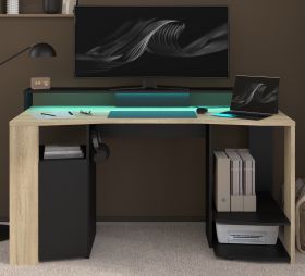 Gamingtisch Meta in Eiche und schwarz Gamer Schreibtisch inkl. LED mit Farbwechsel 152 cm