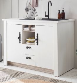K�chenschrank Rovola in wei� Pinie Landhaus K�che Unterschrank f�r Sp�le oder Kochfeld 129 cm, Soft-Close