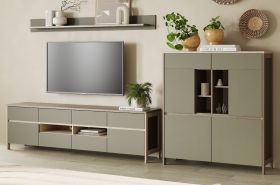 Wohnwand Finnes in Salbei und Eiche Wohnkombination skandinavisch 3-teilig 319 cm, Soft-Close