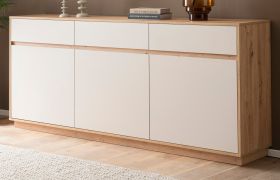 Sideboard Kiruma in Kaschmir und Artisan Eiche Kommode 202 x 89 cm, Soft-Close