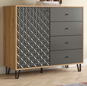 Kommode Relief in Grau und Artisan Eiche, Sideboard mit 3-D Struktur 110 x 96 cm, Vollauszug