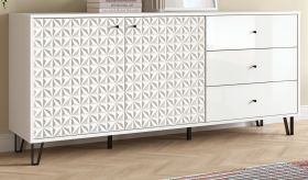 Sideboard Relief in Wei� Hochglanz, Kommode mit 3-D Struktur 169 x 76 cm, Vollauszug