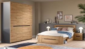 Schlafzimmer Set 4-teilig Cooper in Artisan Eiche und grau mit Kleiderschrank, Bett und 2x Nachttisch, Soft-Close