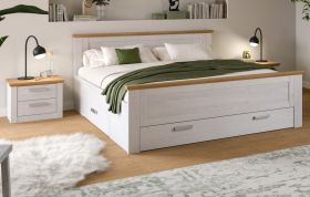 Schlafzimmer Mirano Wei� L�rche und Eiche Landhaus, Set Doppelbett inkl. 3x Bettschubkasten und 2x Nachttisch