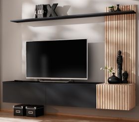Wohnwand Madina Schwarz matt und Eiche,  Schrankwand h�ngend 180 cm mit Push-to-Open