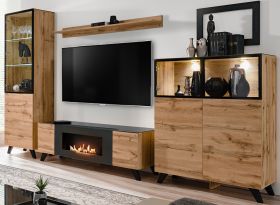 Wohnwand Heritage in Wotan Eiche und schwarz Schrankwand inklusive Kamin und LED Beleuchtung, 330 cm